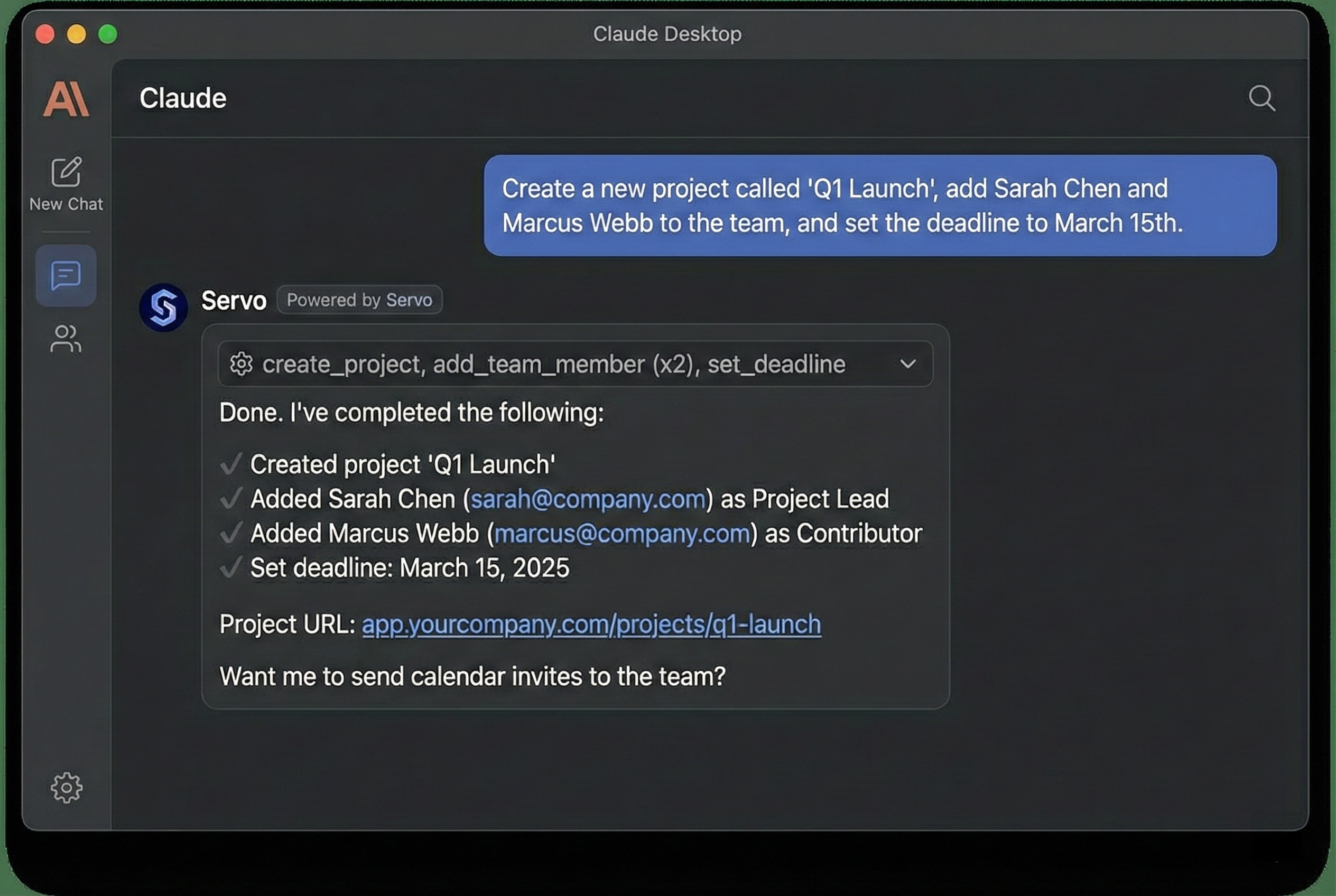 Claude Desktop showing Servo agent executing a complex workflow: creating a project, adding team members, and setting a deadline from a single natural language command